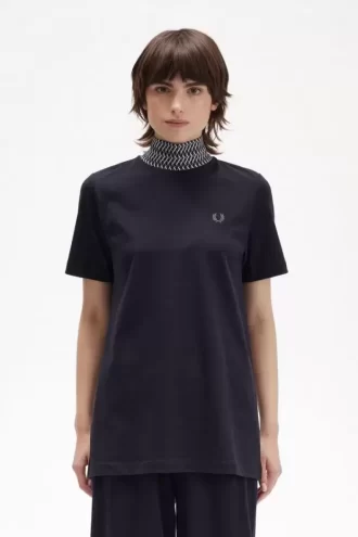 Jacquard Trim High Neck Women’s T-Shirt
