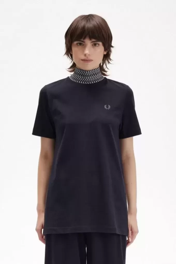 Jacquard Trim High Neck Women’s T-Shirt
