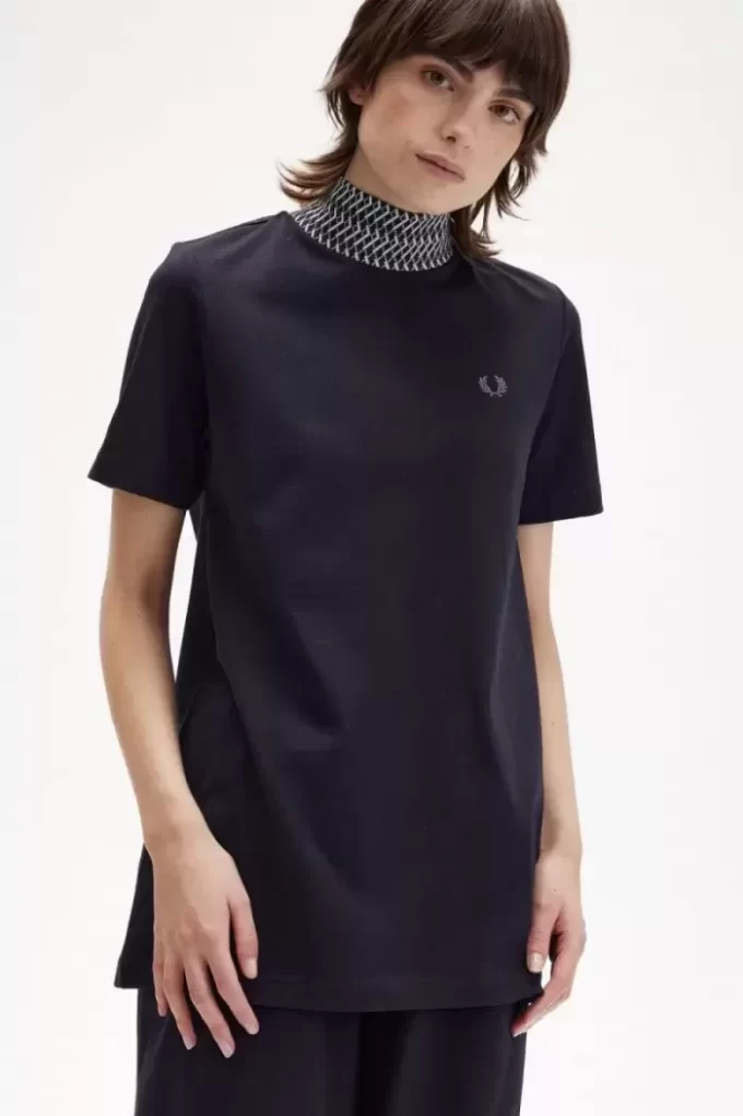 Jacquard Trim High Neck Women’s T-Shirt